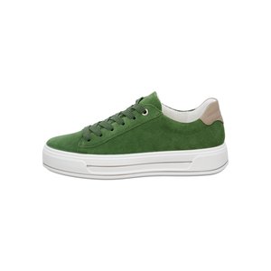 Low-top green suede sneaker with white thick sole, matching green laces, and beige heel patch, side view on white background.