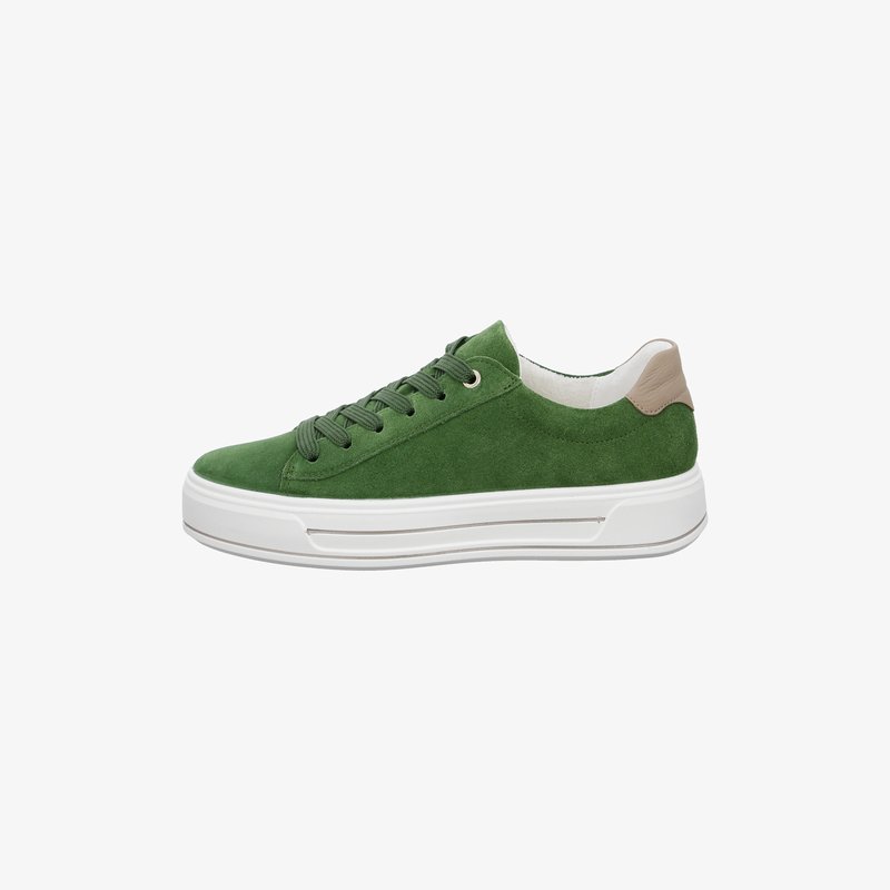 Low-top green suede sneaker with white thick sole, matching green laces, and beige heel patch, side view on white background.