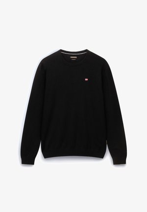 Čierny pletený sveter s dlhými rukávmi, okrúhlym výstrihom, malou emblémom nórskej vlajky na hrudi a rebrovanými manžetami a lemom. Mäkký na dotyk.