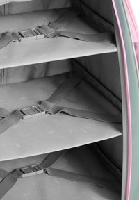 Interieur van harde koffer met grijze stoffen voering, drie verstelbare planken en grijze riemen om items vast te zetten, met roze ritsaccenten.