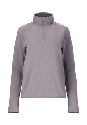 Lys lilla quarter-zip pullover med stående krave, lange ærmer og struktureret stof, med subtil branding på brystet.