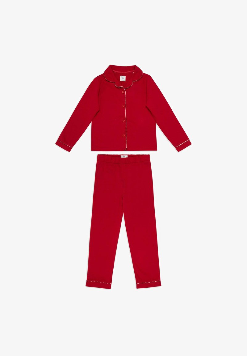 Rode pyjama-set met een knoopsluiting aan de bovenkant met een ronde kraag en witte bies, gecombineerd met bijpassende broeken met elastische taille. Zachte, lichte stof.