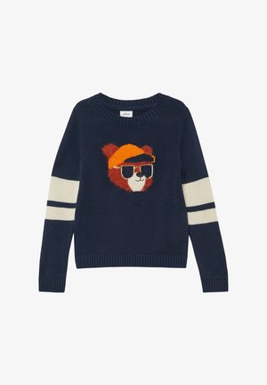 Námornícky pletený sveter s grafikou medveďa nosiaceho slnečné okuliare a oranžovú čiapku. Obsahuje krémové pruhy na rukávoch a rebrované manžety a spodný lem.