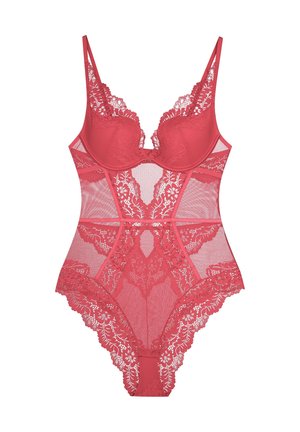 Red lace bodysuit with sheer panels, underwire cups, and intricate floral patterns. Features adjustable straps and scalloped edges.