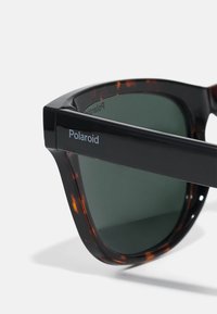Kočičí sluneční brýle se želvovinovým vzorem a tmavě zelenými skly, s černým acetátovým rámečkem a stříbrným logem "Polaroid" na straně.