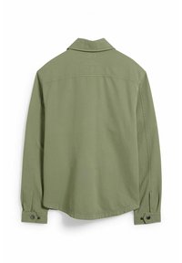 Olivově zelená košile s límečkem, dlouhými rukávy a knoflíkovými manžetami. Hladká textura a minimalistický design bez viditelných vzorů.