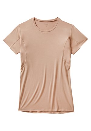Light pink short-sleeve t-shirt with a crew neckline and smooth texture. Features subtle side seams and a relaxed fit.