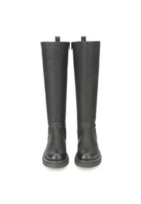 Stivali neri al ginocchio in pelle sintetica. Caratterizzati da una superficie liscia, punta arrotondata e una cerniera laterale per una facile vestibilità.