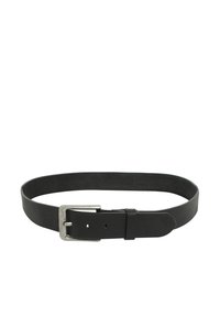 Black leather belt with a flat, smooth texture, featuring a square silver metal buckle and several adjustment holes.