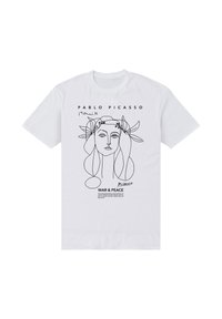 Bílé bavlněné tričko s černým liniovým kreslením ženské tváře a texty "Pablo Picasso" a "VÁLKA & MÍR" vytištěnými pod ní.