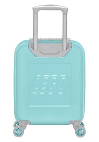 Valigia rigida blu chiaro con logo LEGO testurizzato, manico telescopico argentato e quattro ruote multidirezionali.