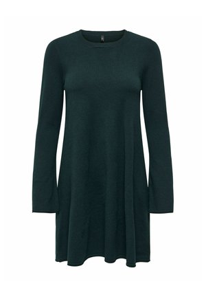 Robe A-line à manches longues de couleur vert foncé avec col rond, fabriquée en tissu tricot doux, présentée sur un fond blanc.