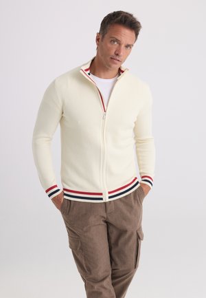 Homme portant un pull zippé blanc texturé avec des bordures rouges, blanches et bleues, assorti à un pantalon cargo marron, debout les mains dans les poches.