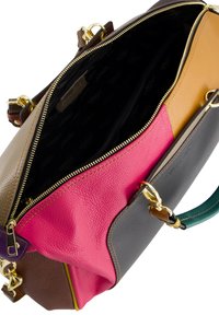 Multicolored handbag featuring pink, brown, and gray textured leather with gold zippers, a zip pocket inside, and green handle accents.