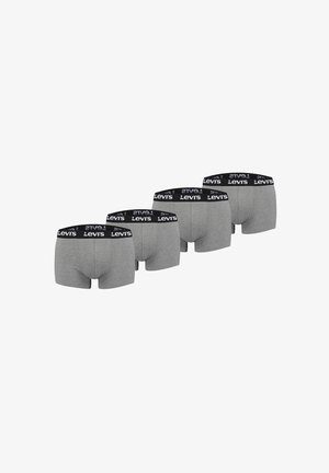 Four pairs of gray men's boxer briefs with black waistbands featuring white Levi's logos, arranged in a row on a white background.