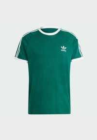 Green cotton t-shirt with white accent around the collar and sleeves, featuring three white stripes on either side and a small logo on the chest.