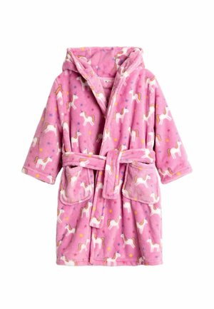 Rosa, flauschiger Bademantel mit Kapuze, Bindegürtel und Taschen, dekoriert mit weißen Einhörnern und farbenfrohen Sternen. Weicher, gemütlicher Stoff.
