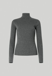 Pull-over gris à col roulé côtelé avec manches longues, silhouette ajustée et tissu texturé, présentant un motif côtelé vertical.