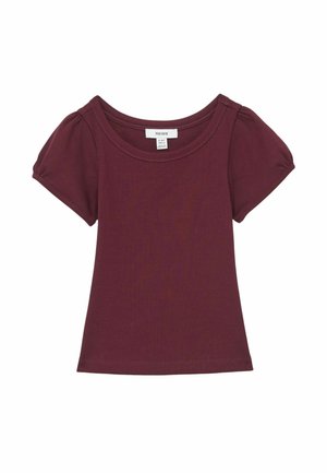 Bordó színű, bordázott rövid ujjú kisgyermek póló puffos ujjakkal és kerek nyakkivágással, 5-6 éves méretben.