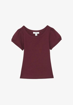 Bordowa prążkowana koszulka dla malucha z krótkim rękawem, bufkami na rękawach i okrągłym dekoltem, rozmiar 5-6 lat.