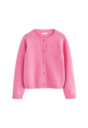 Cardigan roz, realizat dintr-un material moale, cu guler rotund, mâneci lungi și cinci nasturi aurii pe față. Mansete și margine cu model canalé.