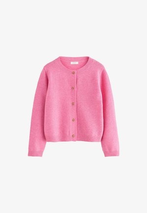 Cardigan rosa hecho de una tela suave, con cuello redondo, mangas largas y cinco botones dorados en el frente. Puños y dobladillo acanalados.
