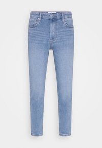 Ljust blå högmidjade skinny jeans med framknapp och dragkedja, femficksdesign och liten logotags på den främre högra fickan.