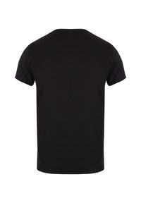 Sort t-shirt med korte ærmer lavet af glat stof, med en rund halsudskæring og et enkelt, udekoreret bagsidedesign.
