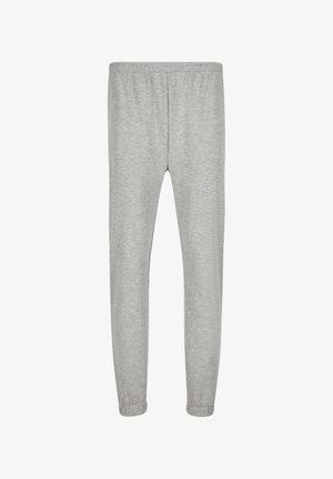 Pantalon de jogging gris clair avec taille et poignets élastiques, en tissu doux, présenté sur un fond blanc.