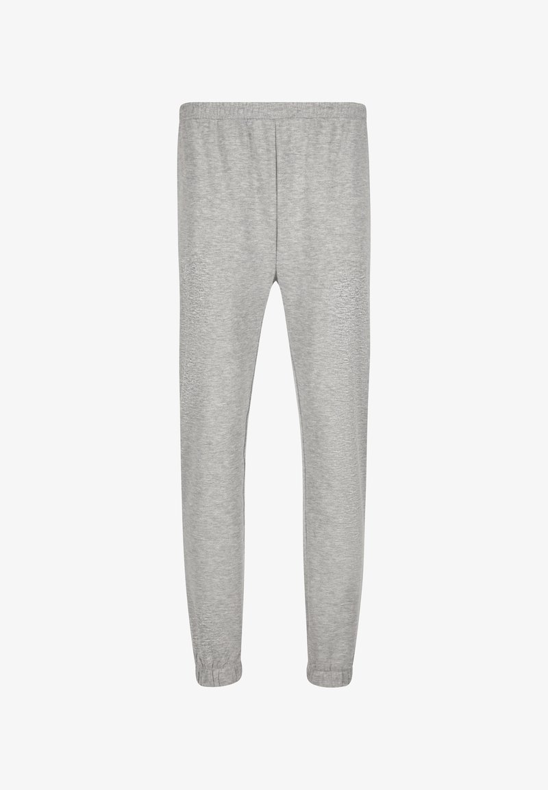 Hellgraue Jogginghosen mit elastischem Bund und Bündchen, aus weichem Stoff, vor weißem Hintergrund dargestellt.