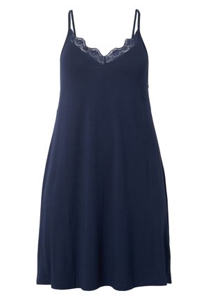 Mørkeblå ærmeløs kjole med blondekant ved halsen, let stof og flydende design, knælang med en lige silhuet.