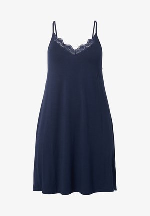 Tmavě modré bezramínkové šaty s krajkovým lemem u krku, lehký materiál a splývavý design, ke kolenům s rovnou siluetou.