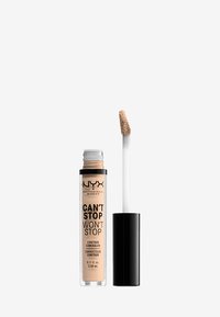 NYX Can't Stop Won't Stop Contorno Correttore in un tubo trasparente con un tappo nero. Include un applicatore a punta. Colore beige chiaro. 3,5 ml.
