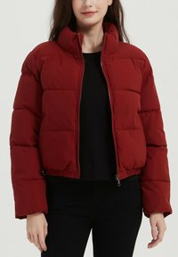 Doudoune rouge avec un col montant, dotée d'une fermeture éclair, d'un ourlet élastique et d'un rembourrage prononcé. Portée par-dessus un haut noir.