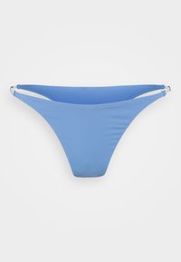 Light blue bikini bottom made of smooth fabric, featuring a narrow design with thin side straps and silver hardware accents.