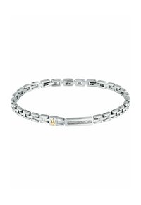 Bracciale in argento con maglie rettangolari, caratterizzato da un accento dorato e una barra centrale incastonata con diamanti. Texture liscia e finitura lucida.