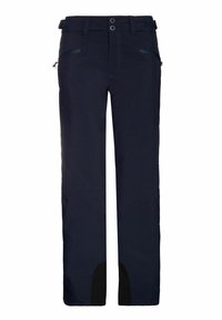 Pantalons imperméables bleu marine avec une coupe droite, deux poches zippées, des accents de genoux renforcés et une taille avec des onglets réglables.