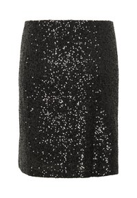 Mini falda negra con adornos de lentejuelas, textura suave y un diseño ajustado. La superficie brilla con acentos plateados dispersos.