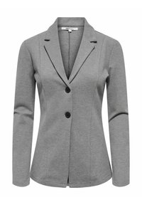 Veste cintrée grise avec deux boutons noirs, revers crantés, manches longues et légères coutures pour la mise en forme.