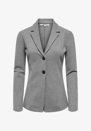Siv srajčni blazer z dvema črnima gumboma, zarezanimi reverji, dolgimi rokavi in rahlimi šivi za oblikovanje.