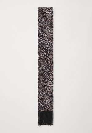 Bufanda de estampado de leopardo en tonos de rosa y negro. Diseño largo y elegante con extremos con flecos, hecha de material suave y ligero.