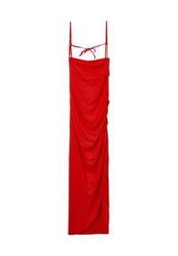 Rotes ärmelloses Kleid mit drapiertem Design, gebundenen Trägern am Rücken, aus weichem Stoff gefertigt und mit einer körperbetonten Silhouette.