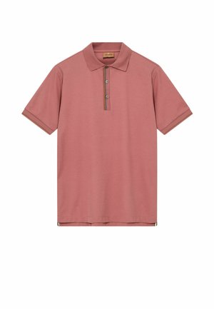 Polos majica kratkih rukava u boji praškaste ruže s ovratnikom, s dvostrukim gumbima i smeđim obrubom na rubovima rukava i liniji gumba.