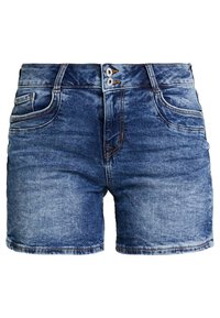 Jeansshorts i ljus till medelblått med urblekta områden, femfickorsdesign, knappstängning och normal midjehöjd. Slät textur.
