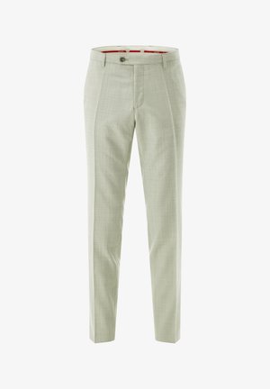 Pantaloni grigio chiaro realizzati in un tessuto strutturato, con chiusura a bottone e pieghe sul davanti. La cintura interna è rossa.