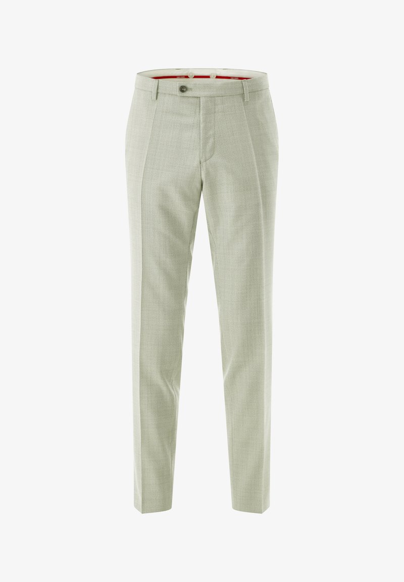 Hellgraue Hose aus strukturiertem Stoff, mit Knopfverschluss und geraffter Vorderseite. Der Innenbund ist rot.