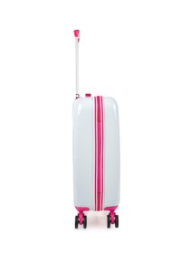 Maleta rígida blanca con detalles en rosa, cremallera y asa retráctil, que presenta cuatro ruedas negras para una fácil maniobrabilidad.