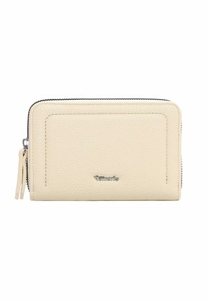 Beige tekstureret læderpung med lynlåslukning og metal "Tamaris" logo placeret centralt på frontpanelet.