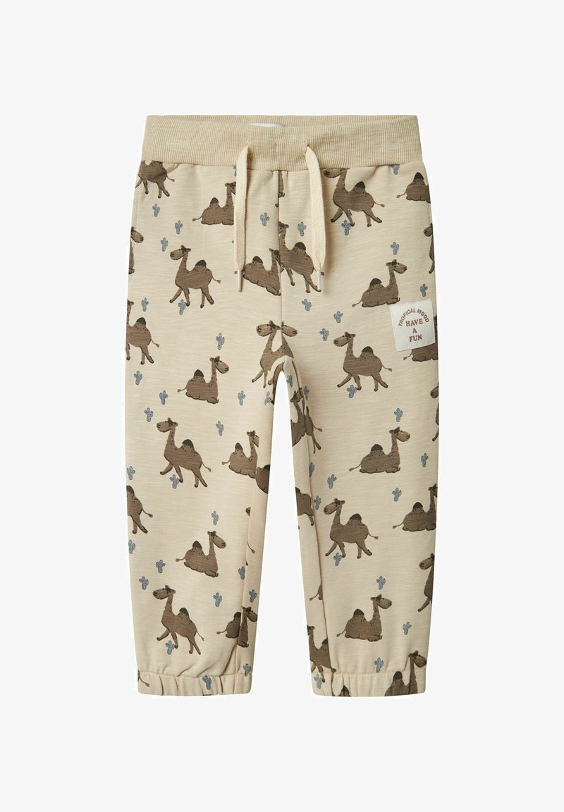 Beige Jogginghosen mit einem Kamelmuster und blauen Kakteen. Sie verfügen über einen elastischen Bund mit Kordelzug und gerüschten Knöcheln.