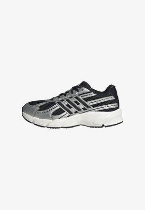 Black and silver athletic shoe with a mesh upper, cushioned sole, and three-stripe accent design on the side. Textured for grip.
